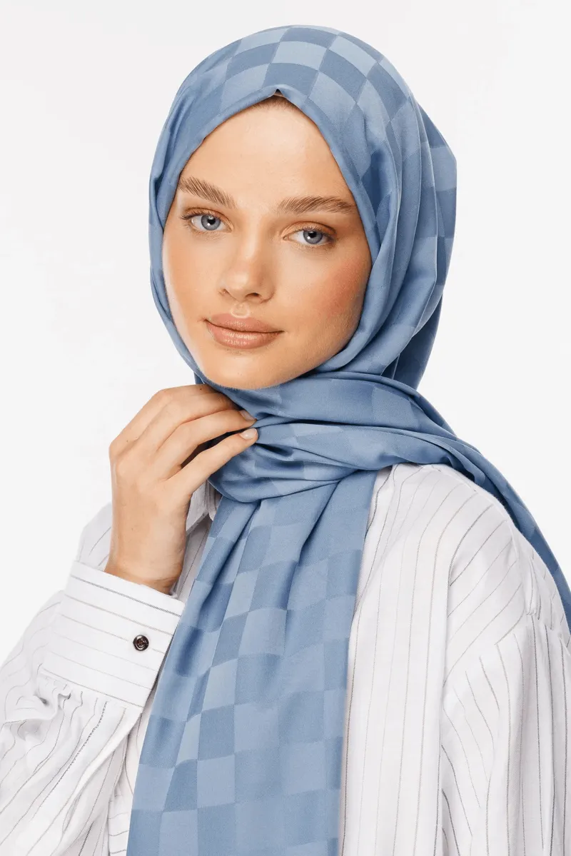 Gök Mavisi Dama Desen İpeksi Jakar Şal