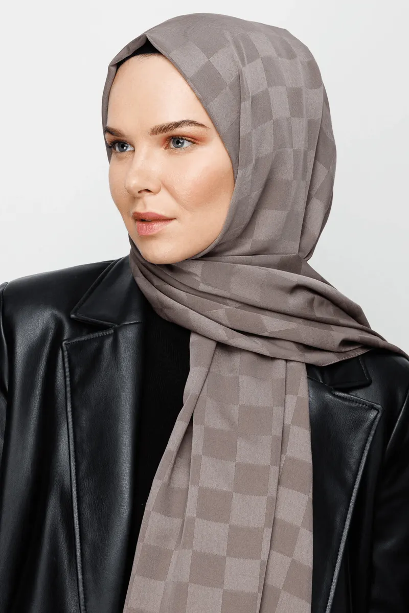 Gri Dama Desen İpeksi Jakar Şal
