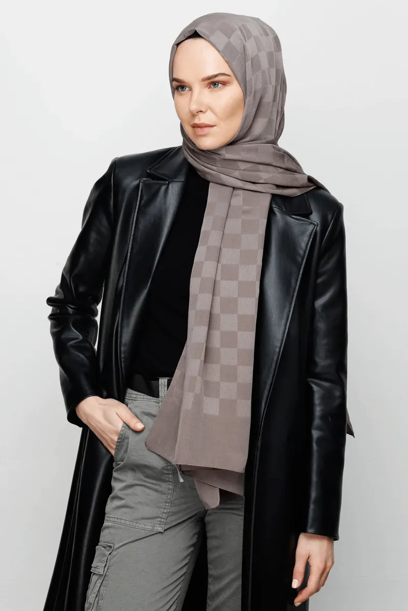 Gri Dama Desen İpeksi Jakar Şal