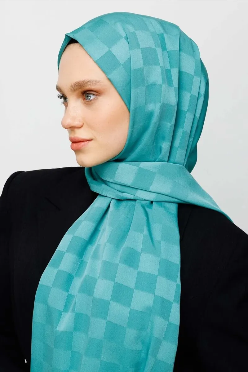 Mint Yeşili Dama Desen İpeksi Jakar Şal · görsel 3