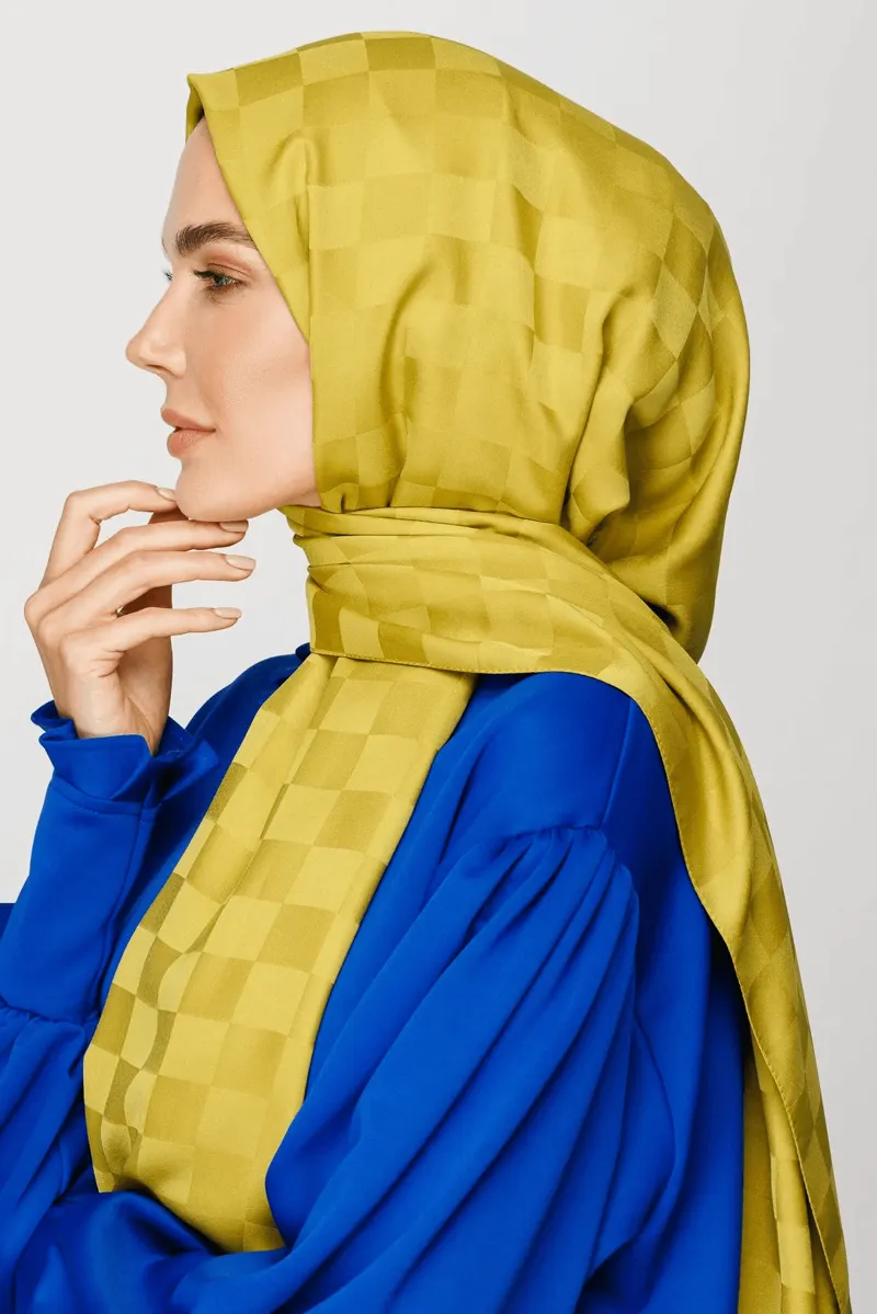Oliv Yeşili Dama Desen İpeksi Jakar Şal · görsel 2