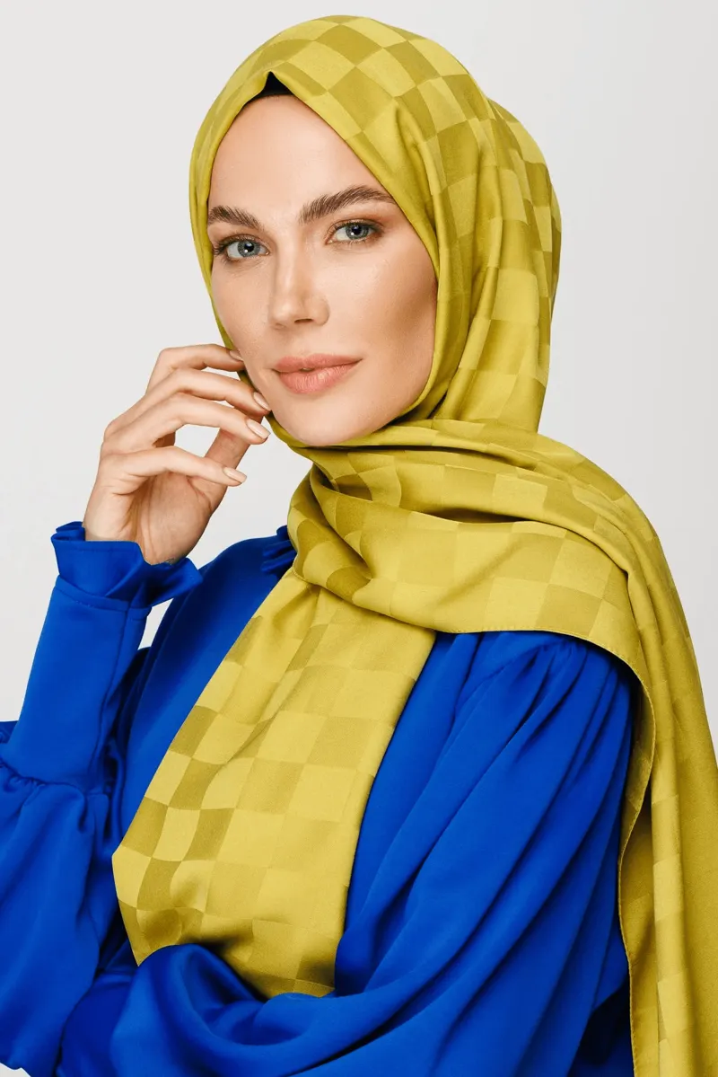 Oliv Yeşili Dama Desen İpeksi Jakar Şal · görsel 3