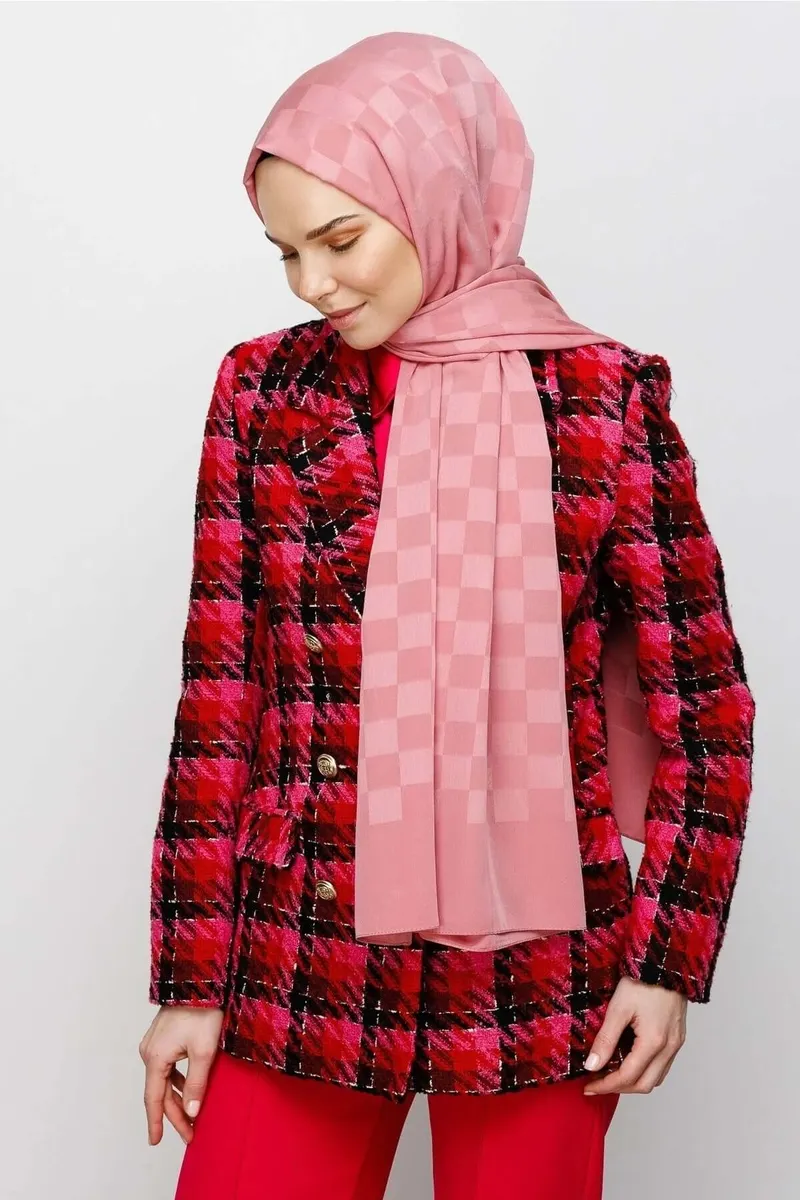 Pembe Dama Desen İpeksi Jakar Şal