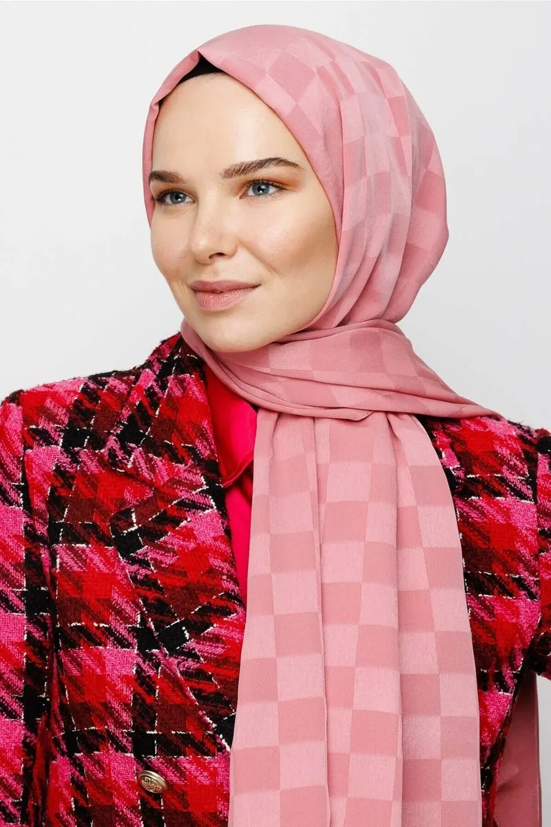 Pembe Dama Desen İpeksi Jakar Şal