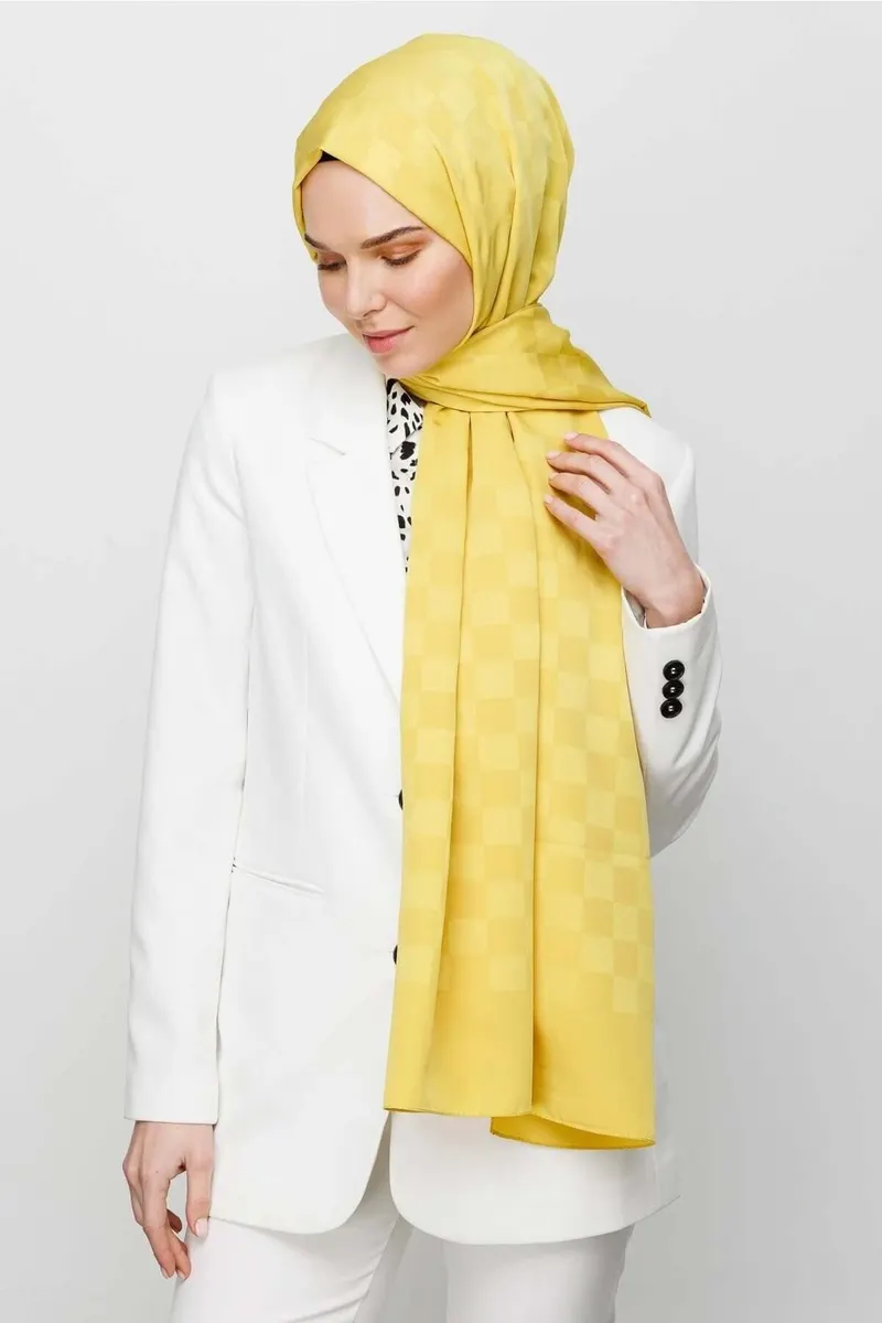 Sarı Dama Desen İpeksi Jakar Şal