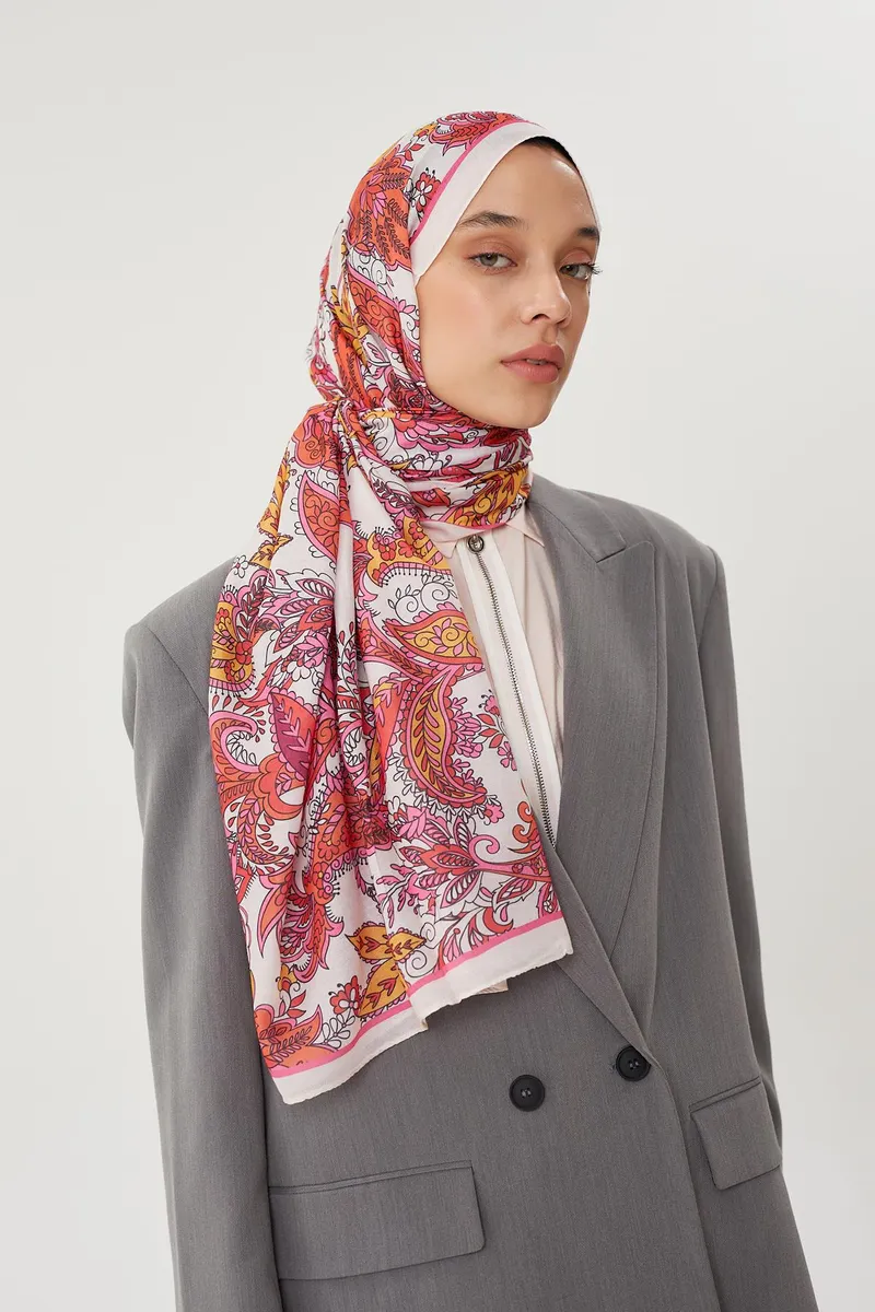 Ekru & Pastel Pembe Retro Desen Şal