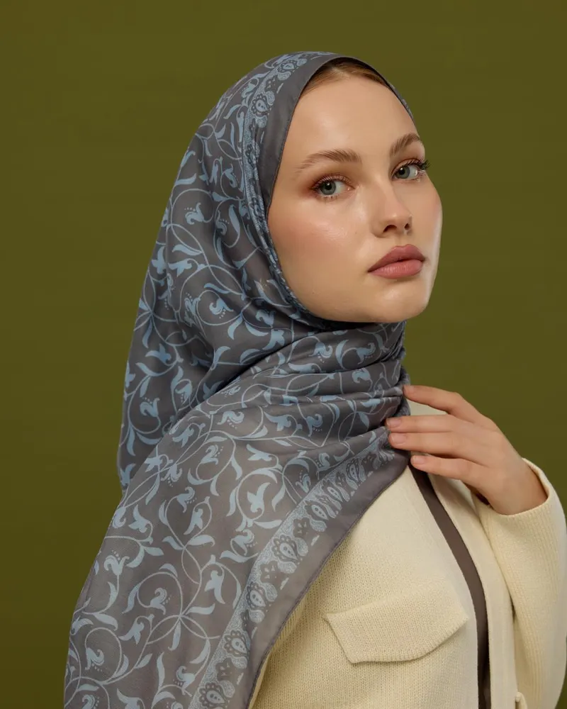 Füme Kahve & Buz Mavi Lale Bahçesi Desen Şal - 50