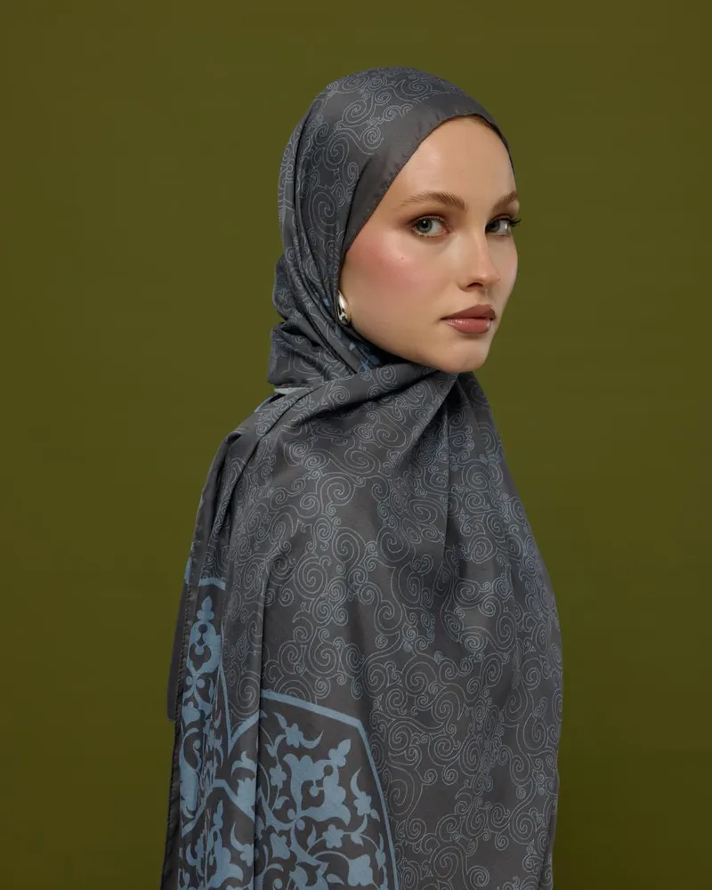 Füme Kahve & Buz Mavi Saraylı Desen Şal - 50