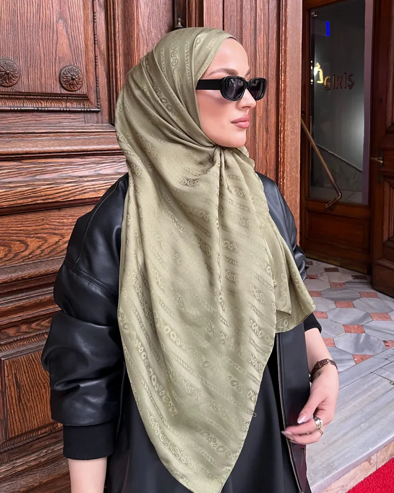 Haki Şerit Desen Jakar Şal