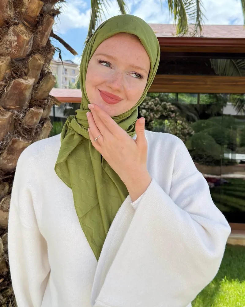 Haki Zikzak Lyocell Bambu Jakar Eşarp