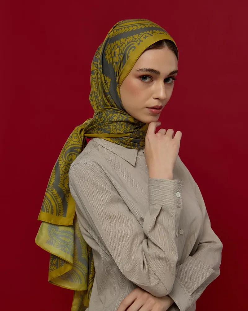 Hasat Sarısı & Kurşun Gri Sultani Desen Şal - 46