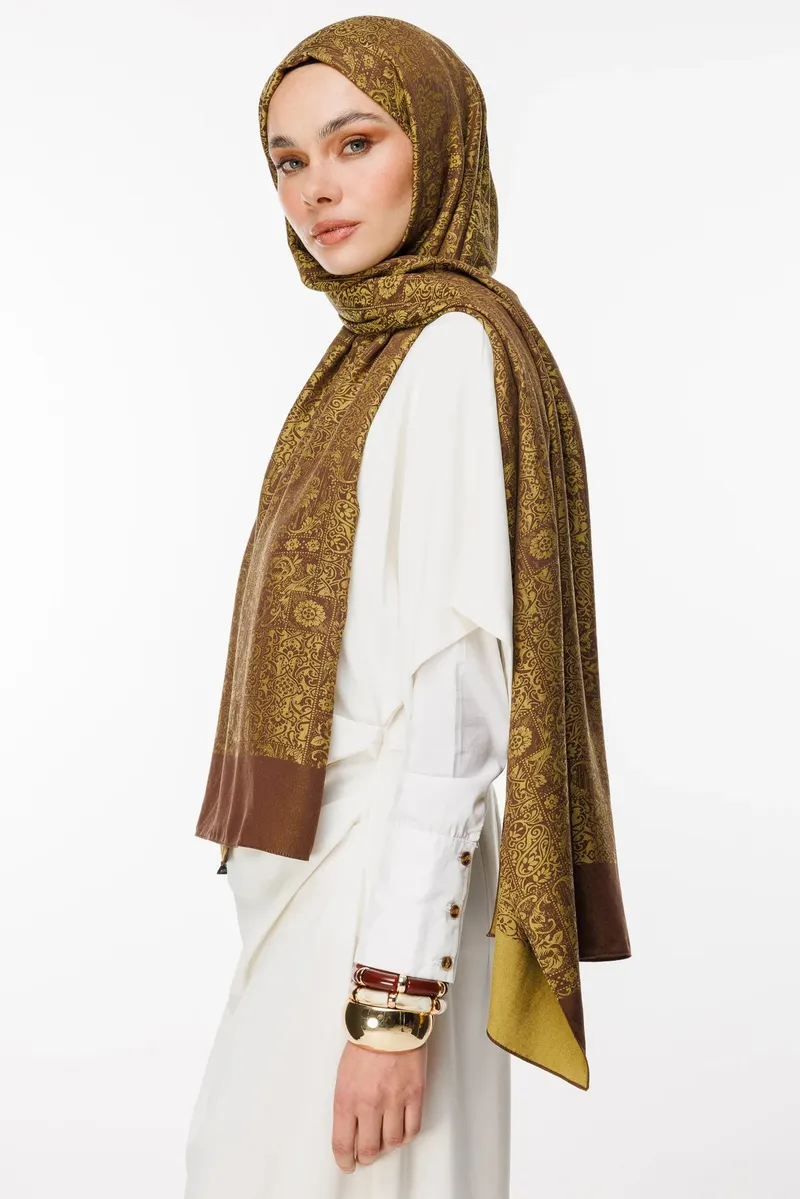 Acı Kahve-Hardal Henna Desen Çift Taraflı Şal · görsel 3