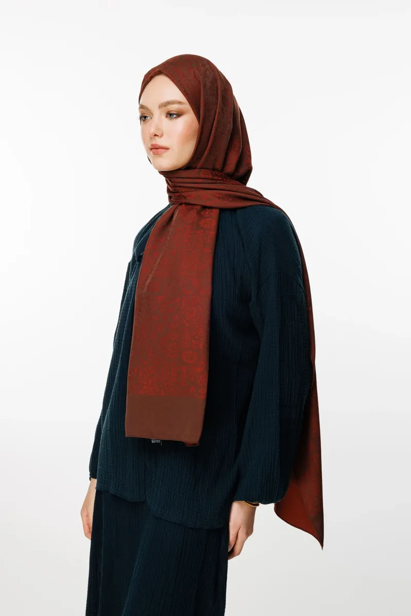 Acı Kahve-Kahve Henna Desen Çift Taraflı Şal