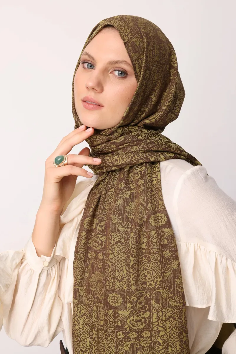 Acı Kahve-Somon Henna Desen Çift Taraflı Şal