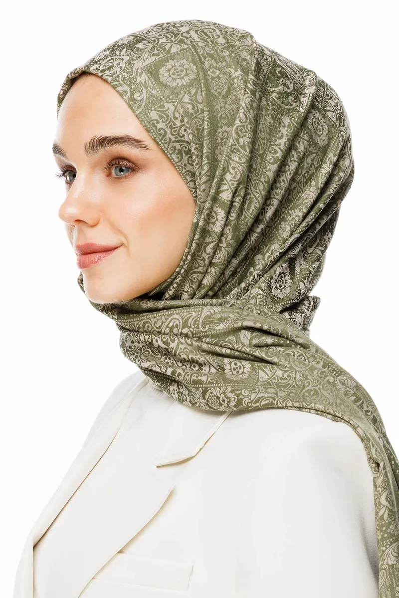 Haki-Somon Henna Desen Çift Taraflı Şal