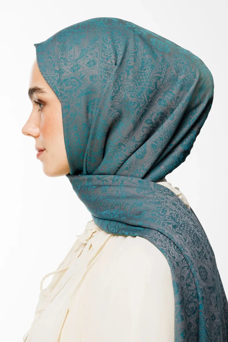 Koyu Gri-Zümrüt Henna Desen Çift Taraflı Şal
