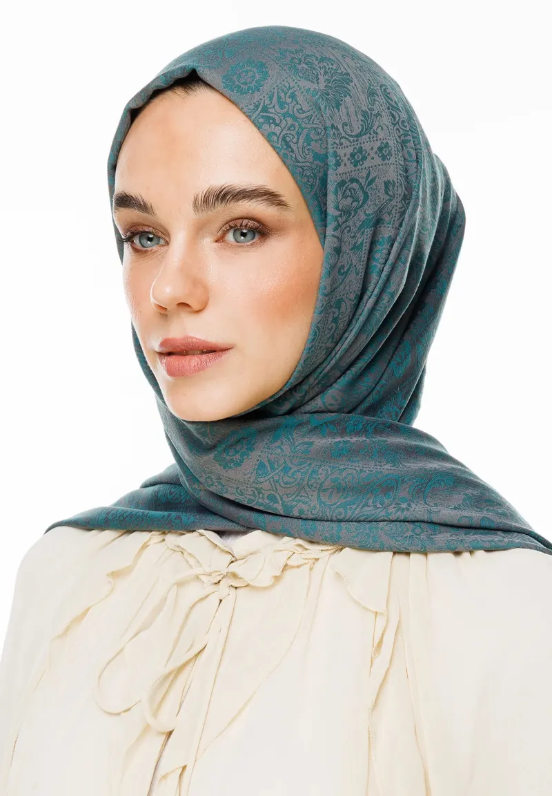 Koyu Gri-Zümrüt Henna Desen Çift Taraflı Şal