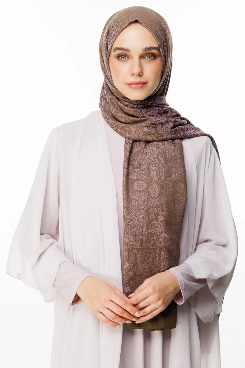 Koyu Haki-Koyu Gül Kurusu Henna Desen Çift Taraflı Şal