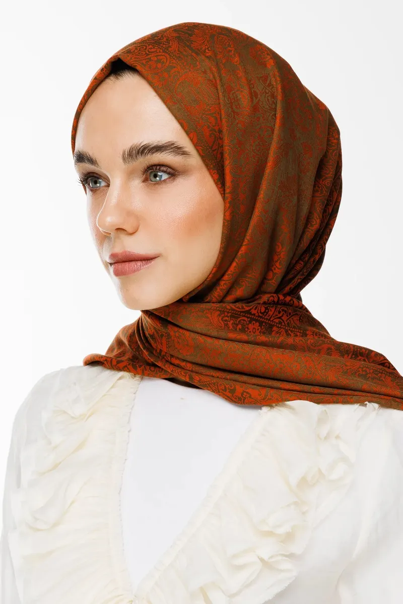 Koyu Haki-Tarçın Henna Desen Çift Taraflı Şal