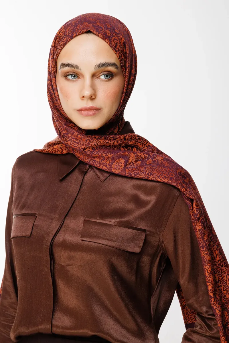 Mor-Turuncu Henna Desen Çift Taraflı Şal