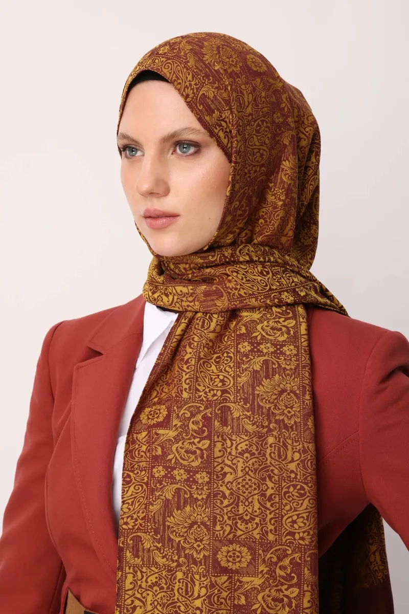 Mürdüm-Sarı Henna Desen Çift Taraflı Şal · görsel 2