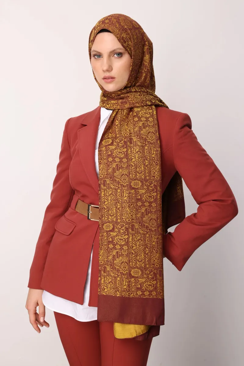 Mürdüm-Sarı Henna Desen Çift Taraflı Şal · görsel 3