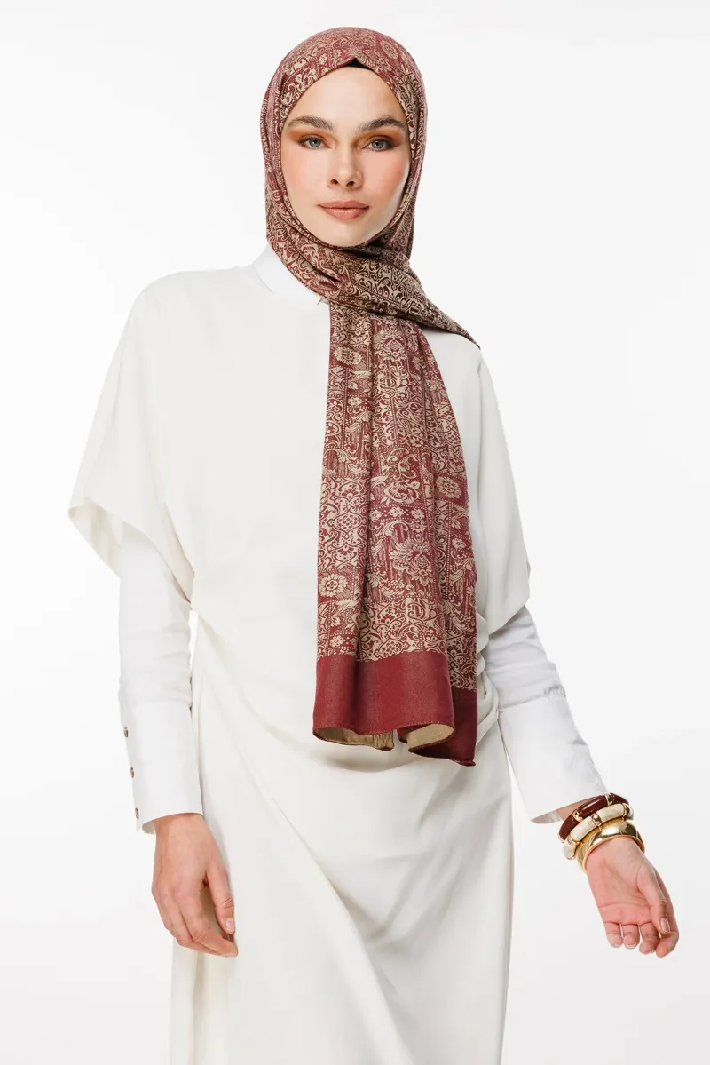 Mürdüm-Somon Henna Desen Çift Taraflı Şal