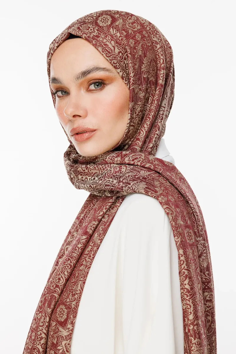 Mürdüm-Somon Henna Desen Çift Taraflı Şal