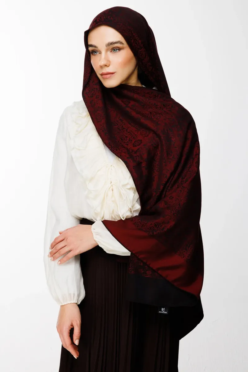 Siyah-Bordo Henna Desen Çift Taraflı Şal