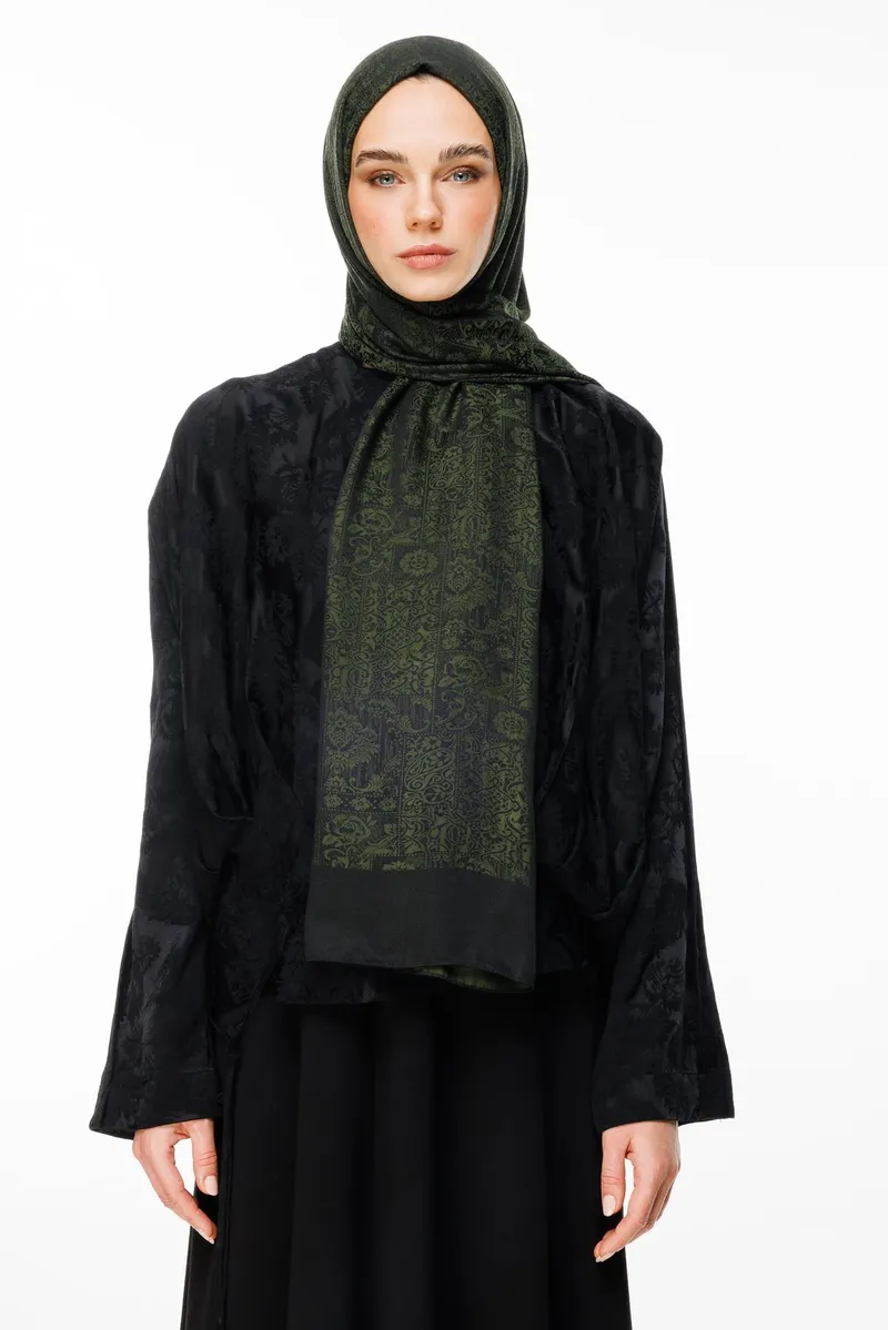 Siyah-Haki Henna Desen Çift Taraflı Şal