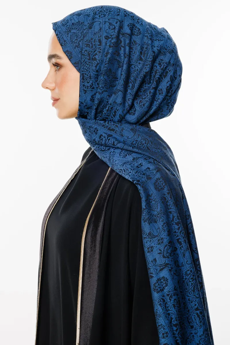 Siyah-İndigo Henna Desen Çift Taraflı Şal