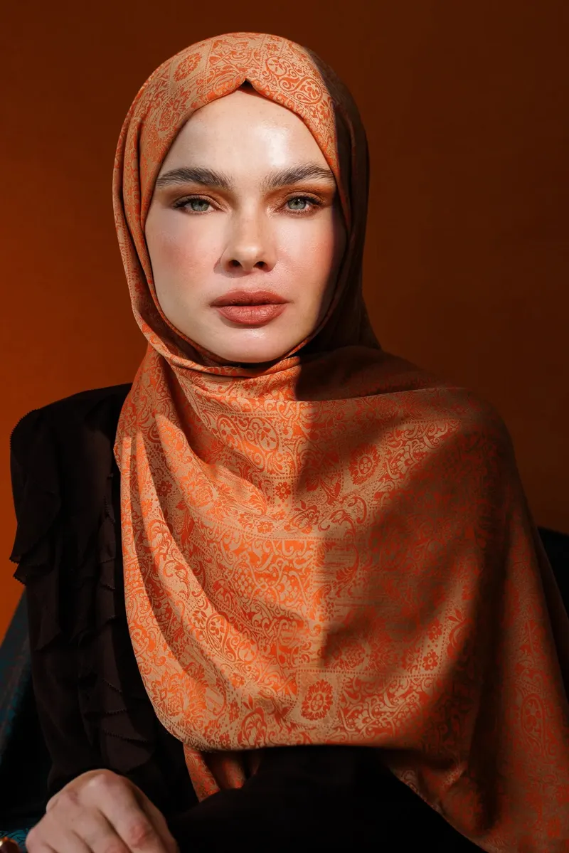 Tarçın-Bej Henna Desen Çift Taraflı Şal