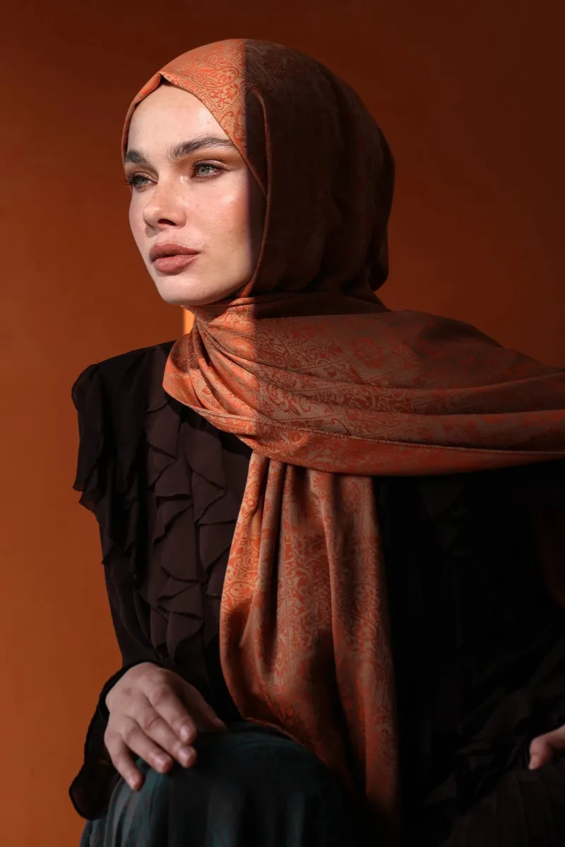 Tarçın-Bej Henna Desen Çift Taraflı Şal