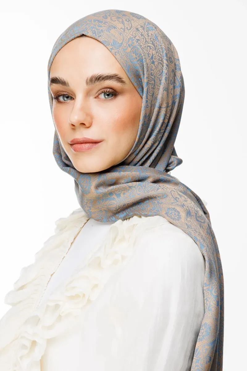 Vizon-Turkuaz Henna Desen Çift Taraflı Şal