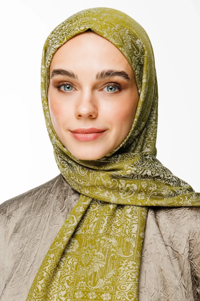 Yağ Yeşili-Ekru Henna Desen Çift Taraflı Şal