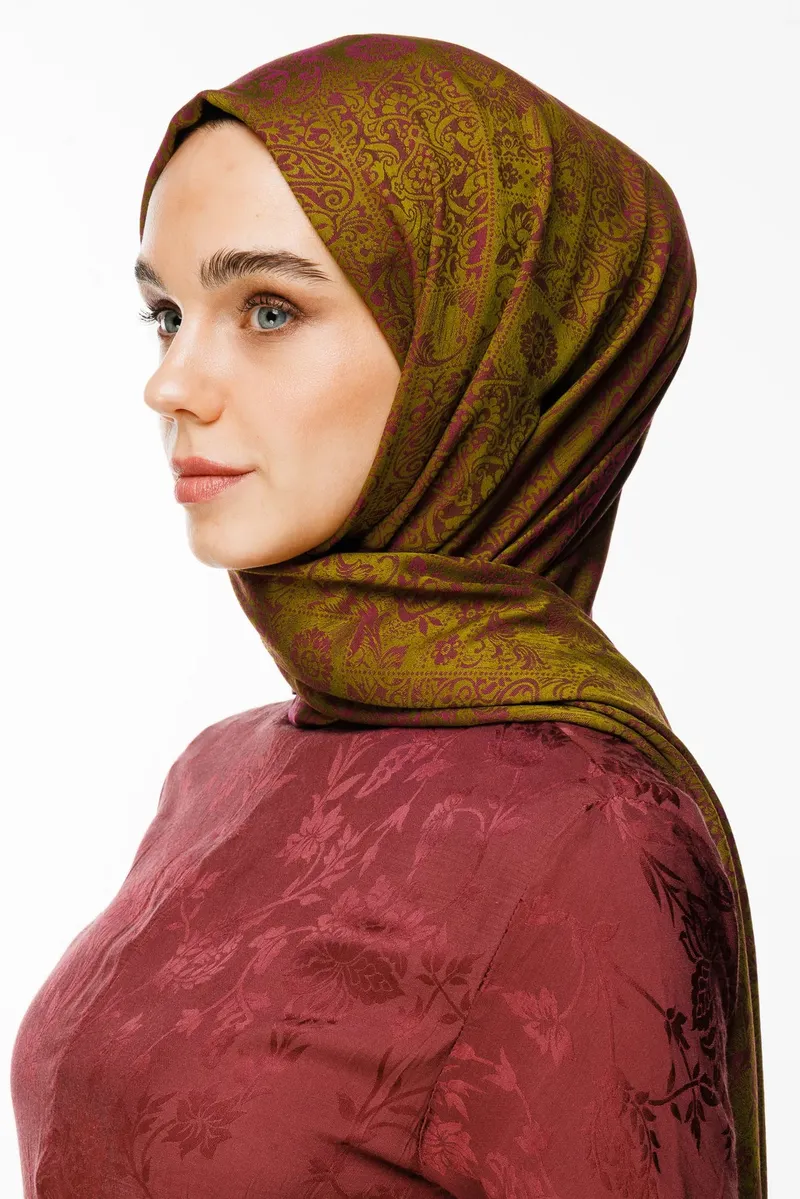 Yağ Yeşili-Mürdüm Henna Desen Çift Taraflı Şal · görsel 3