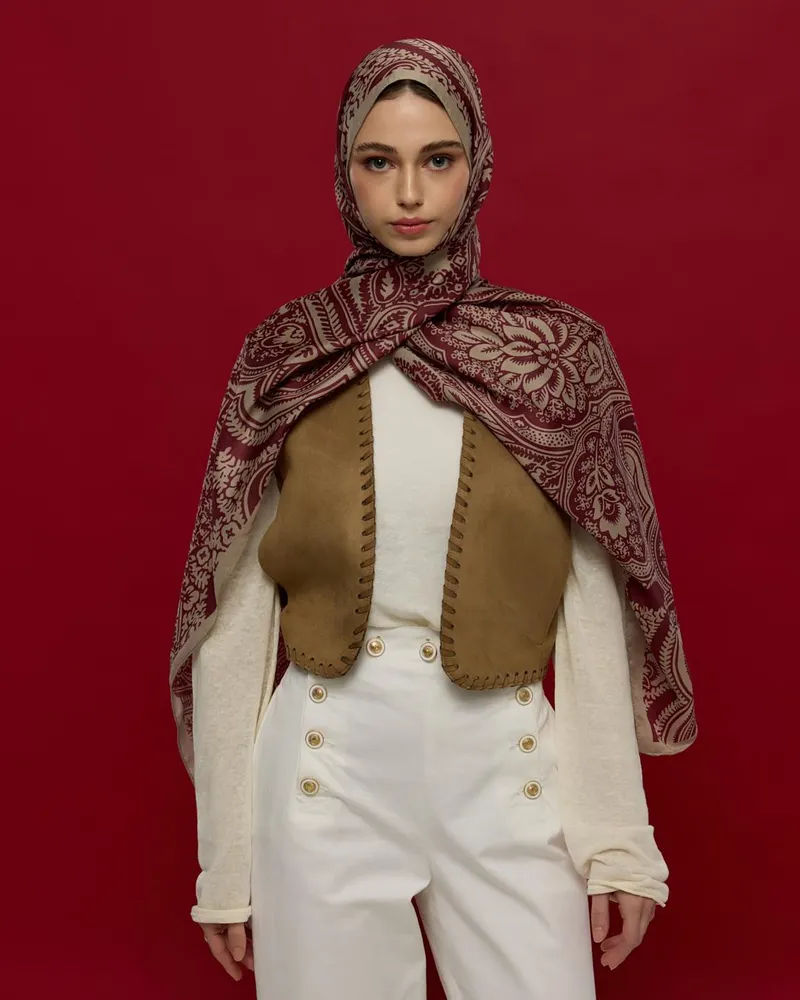 İnci Taşı & Tarçın Kabuk Sultani Desen Şal - 12