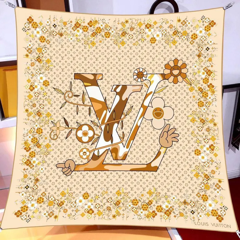 İthal Gold LV Flower Desen Twill İpek Eşarp