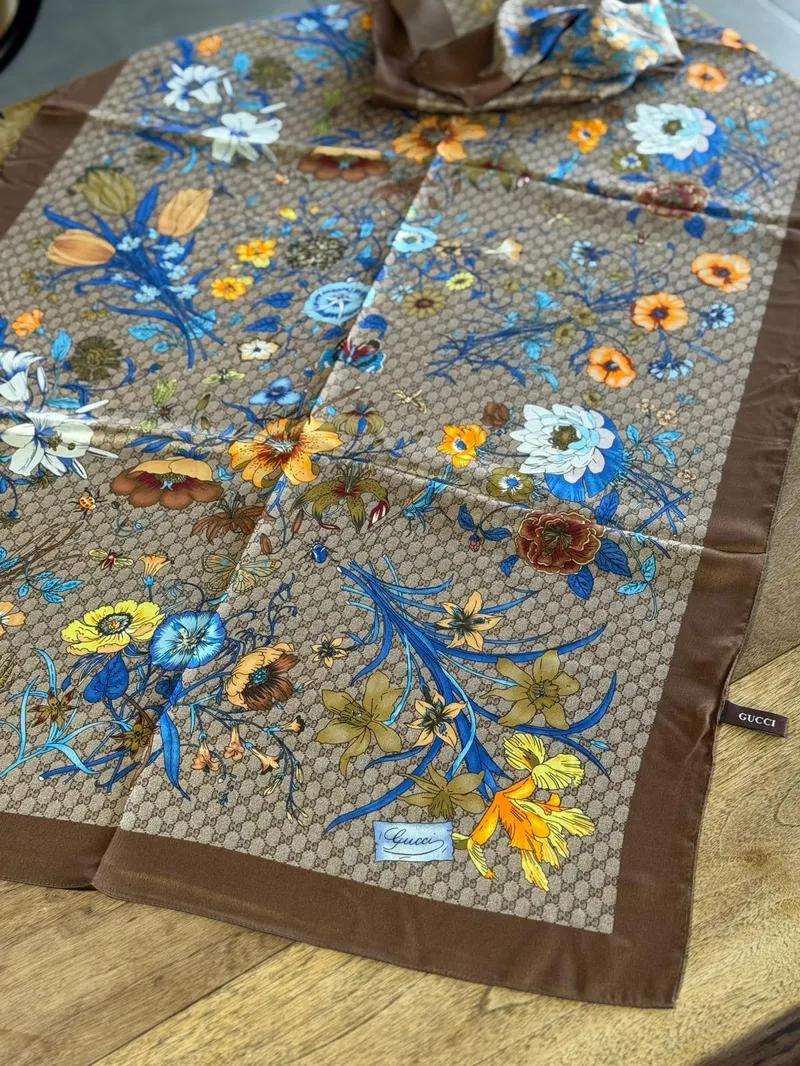 İthal Kahverengi G Flower Desen Vual İpek Şal