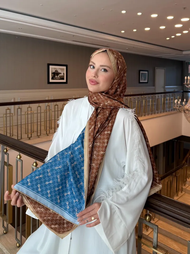 İthal Kahverengi & İndigo Kilit G Desen Twill İpek Şal