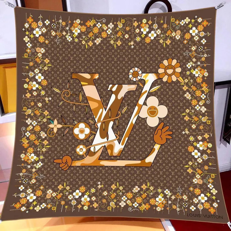 İthal Kahverengi LV Flower Desen Twill İpek Eşarp