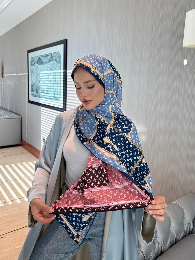 İthal Lacivert & Bordo LV Desen Twill İpek Şal