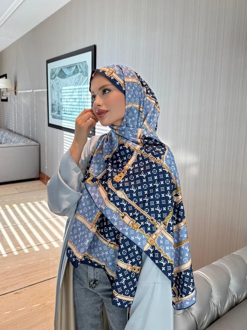 İthal Lacivert & Bordo LV Desen Twill İpek Şal