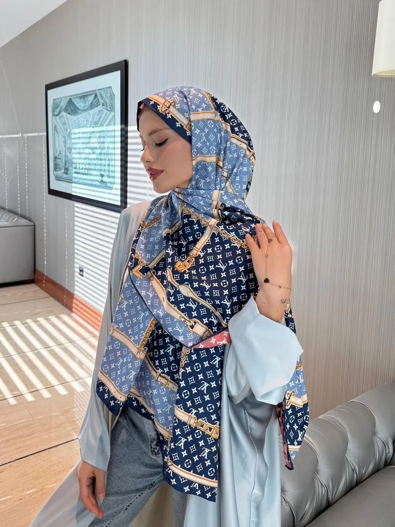 İthal Lacivert & Bordo LV Desen Twill İpek Şal