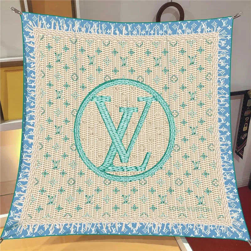İthal Mavi & Bej LV Desen Twill İpek Eşarp