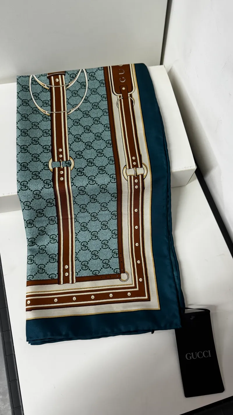 İthal Mocha & Petrol G Belt Desen Twill İpek Eşarp