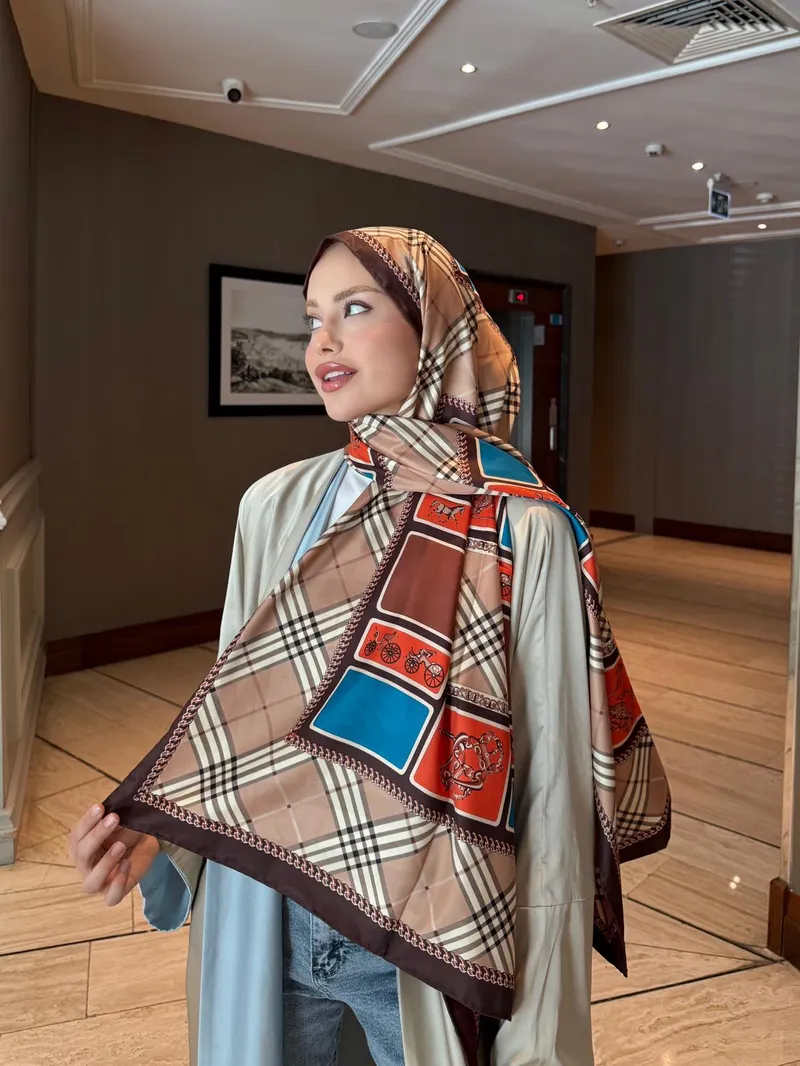 İthal Mocha & Soft Pembe B Desen Twill İpek Şal