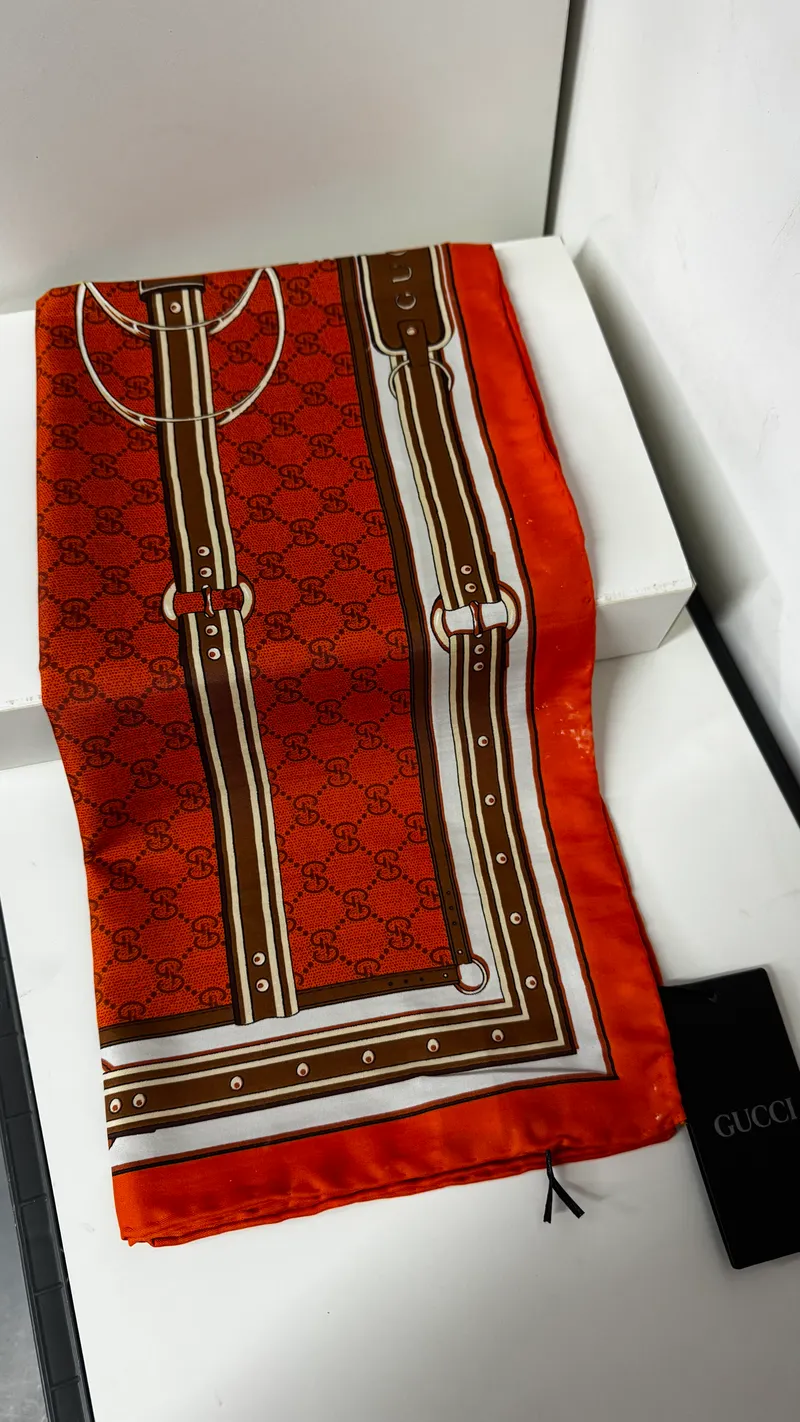 İthal Mocha & Turuncu G Belt Desen Twill İpek Eşarp