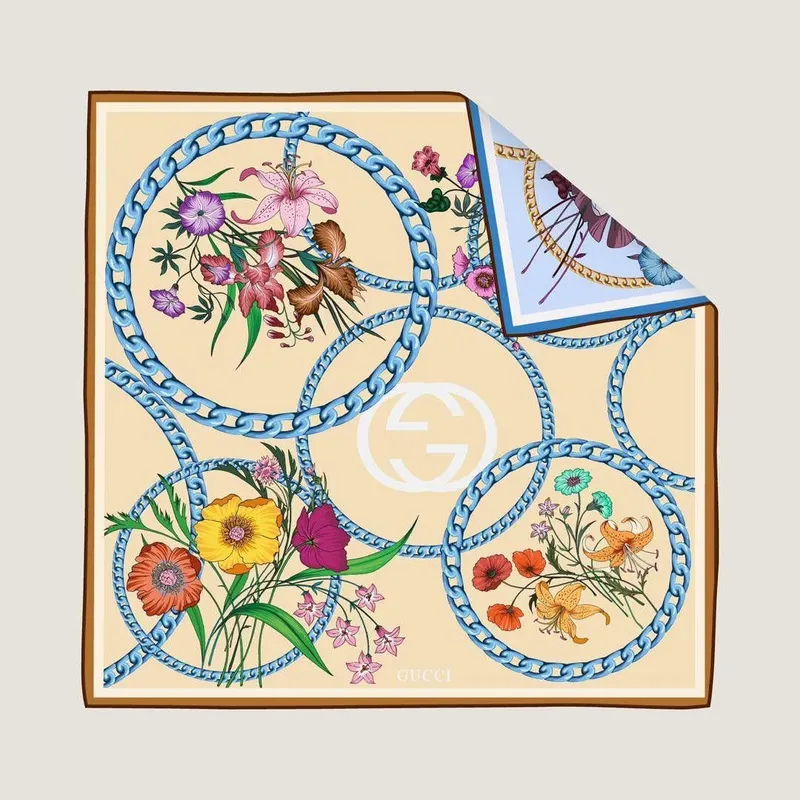 İthal Pastel Sarı G Zincir Desen Twill İpek Eşarp