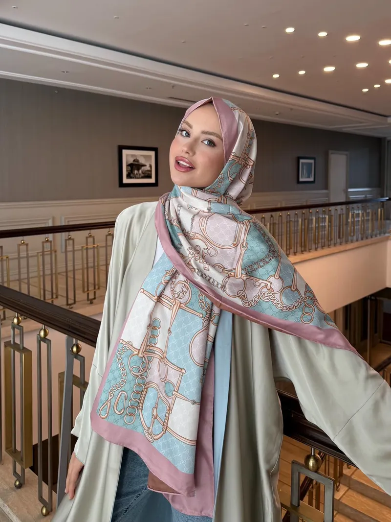 İthal Pudra Pembe & Kiremit GC Zincir Desen Twill İpek Şal